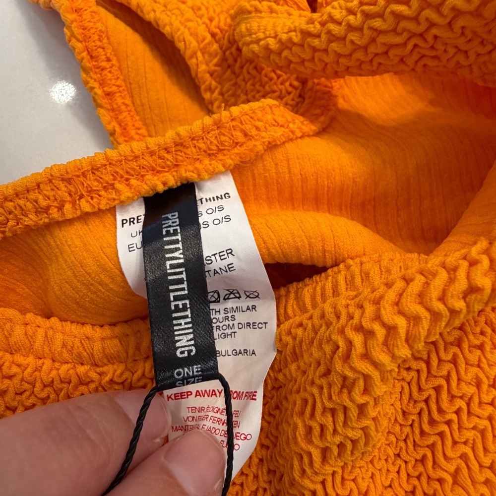 PrettyLittleThing Orange Crinkle Bikini Set Deep Scoop High Waist One Size NEW - Picture 7 of 8